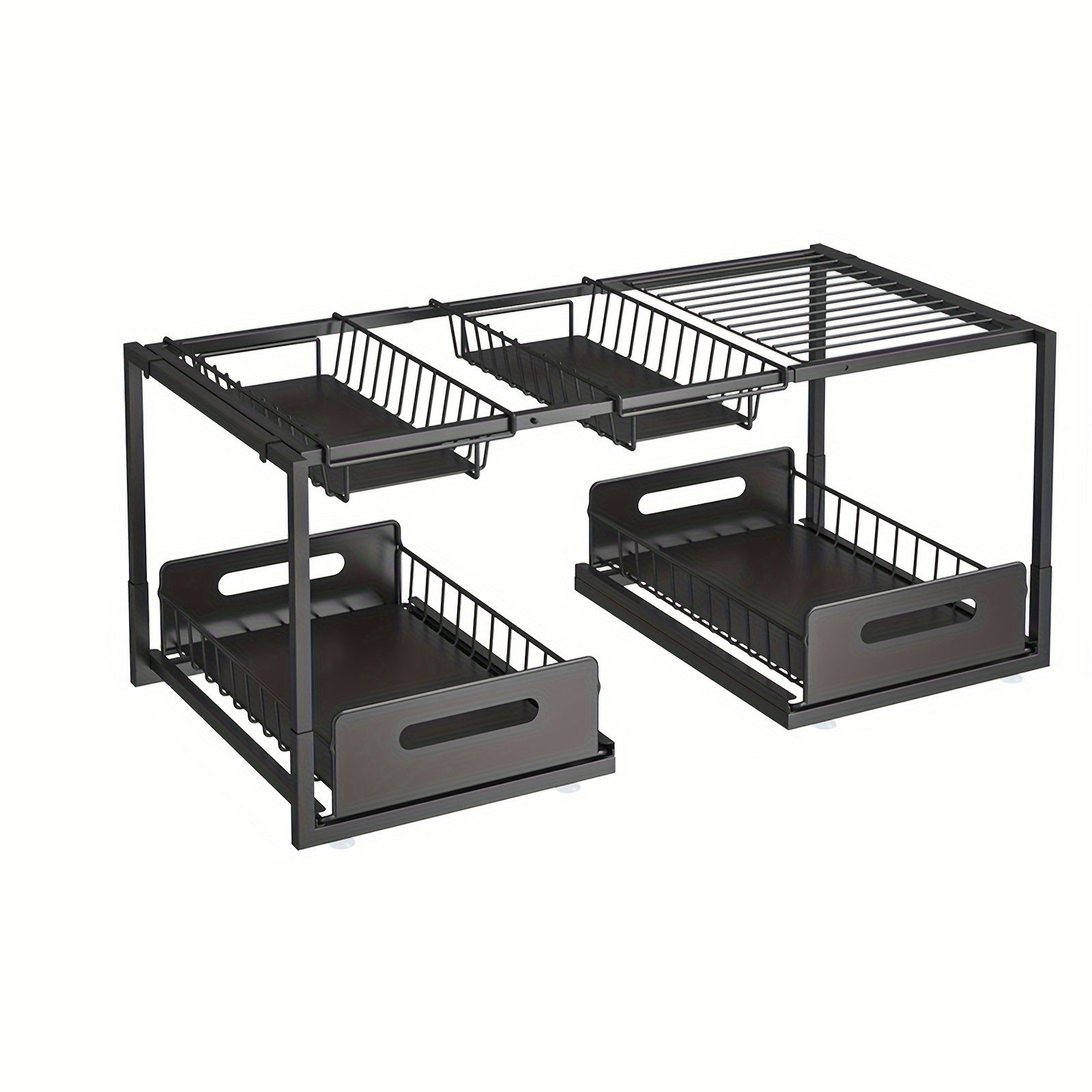 2 Tier Under Sink Organizer Length Adjustable Under Cabinet Shelf With 2 Sliding Drawers & Baskets