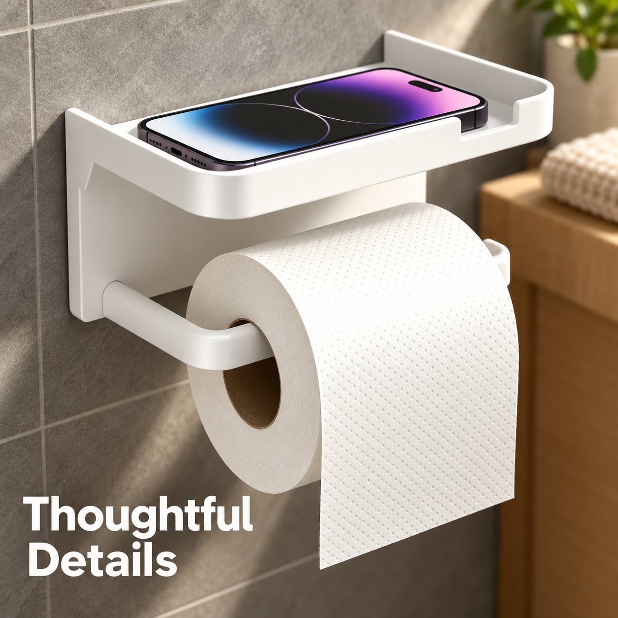 TEMU Portarrollos de papel higiénico en la pared de 17 cm x 10 cm sin taladro, plataforma de almacenamiento superior para teléfono, difusor y objetos