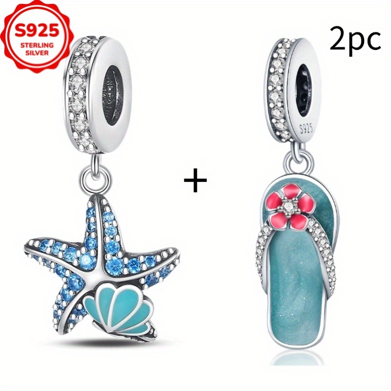 Image of 2pcs 925 Sterling Starfish Shell Luminous Pendant For Women's Fashion Charm Beads Suitable For Bracelets, Necklaces, Engagement Birthday Gifts