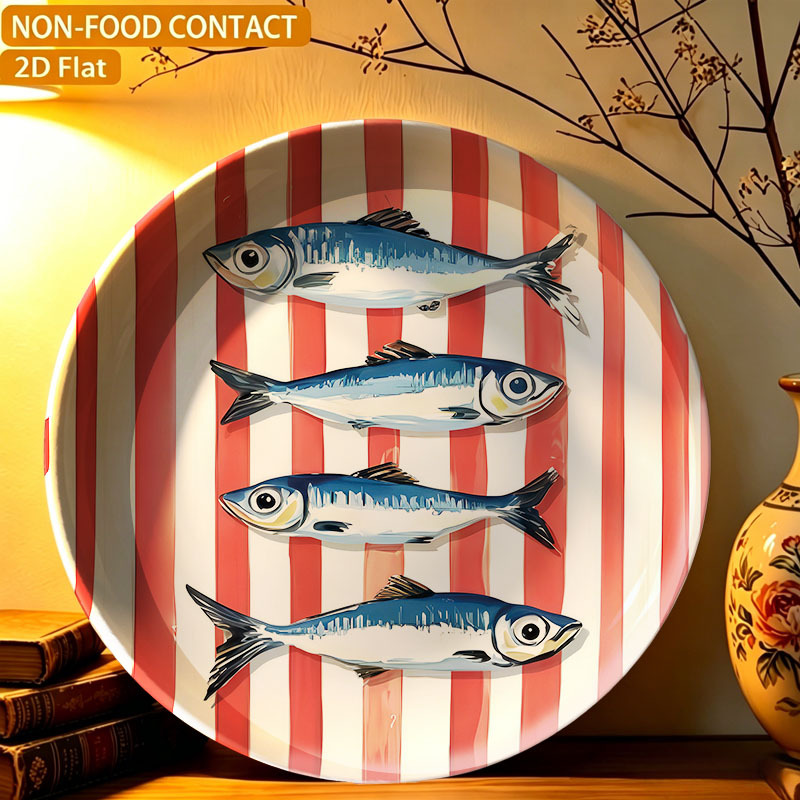 TEMU 1pc 7.9inch, Ceramic Decorative Plates Retro Fish Stripe Blue Wall Hanging Decorative Plates, (2d Flat, Non-food Contact) Commemorative Plates