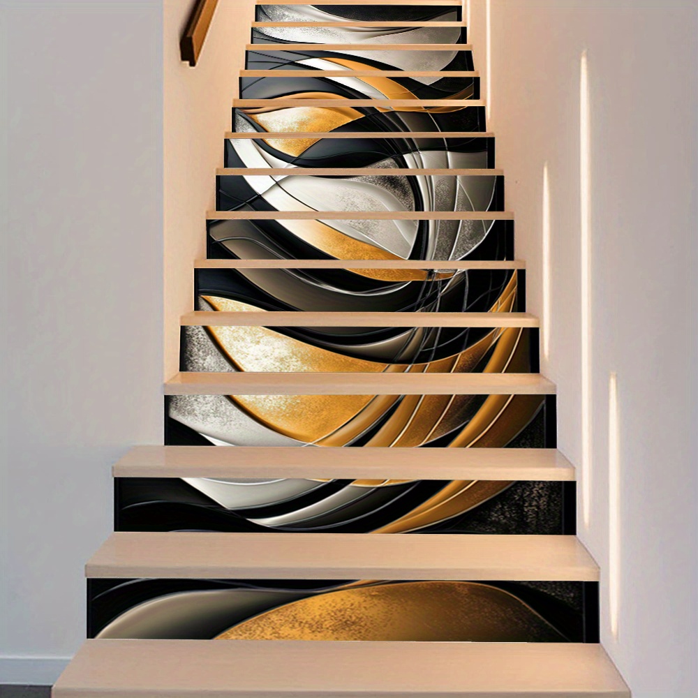 13pcs Abstract Black, Golden & White Fluid Design Stair Stickers - Self-Adhesive PVC Home Decor Murals for Living Room, Staircase, and Interior Design, 100.0cmLx17.98cmW, Modern Wall Art Decor|Abstract Wall Art|Easy Installation Decor, Stair Decorations