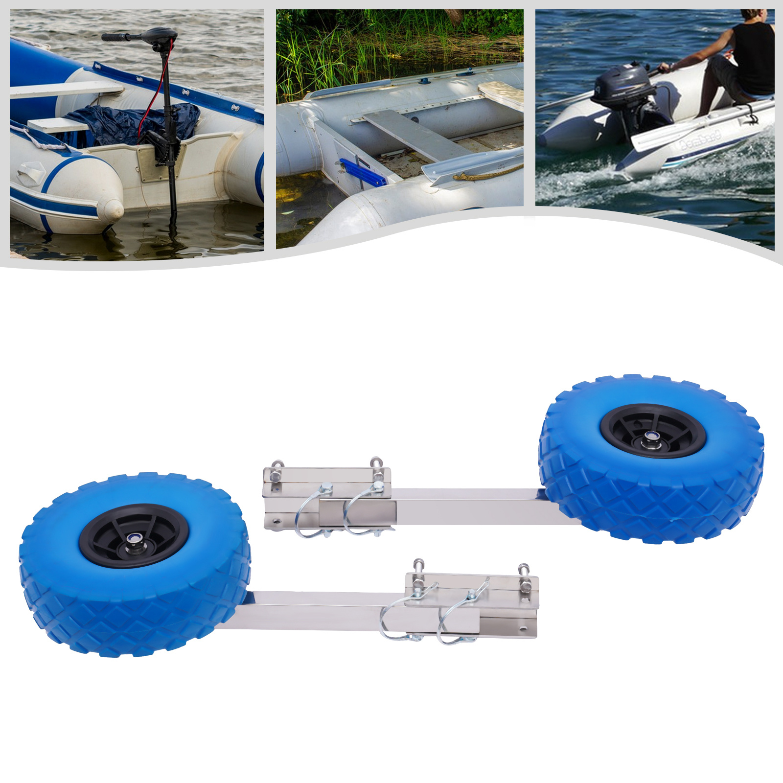 1 Inflatable Boat Trailer Wheel Kit | 330lb Capacity, 9.84 Inch Foam Tires, Stainless , Universal For Kayak, , Small Trailer, Blue