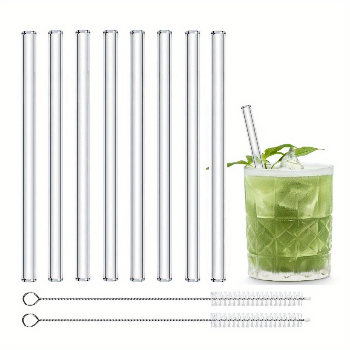 E-shop 8er-Pack Kurze Glasstrohhalme (6"/15cm) mit 2 Reinigungsbürsten - 8mm Außendurchmesser, für kleine Becher, - & Whiskeygläser | Klar,