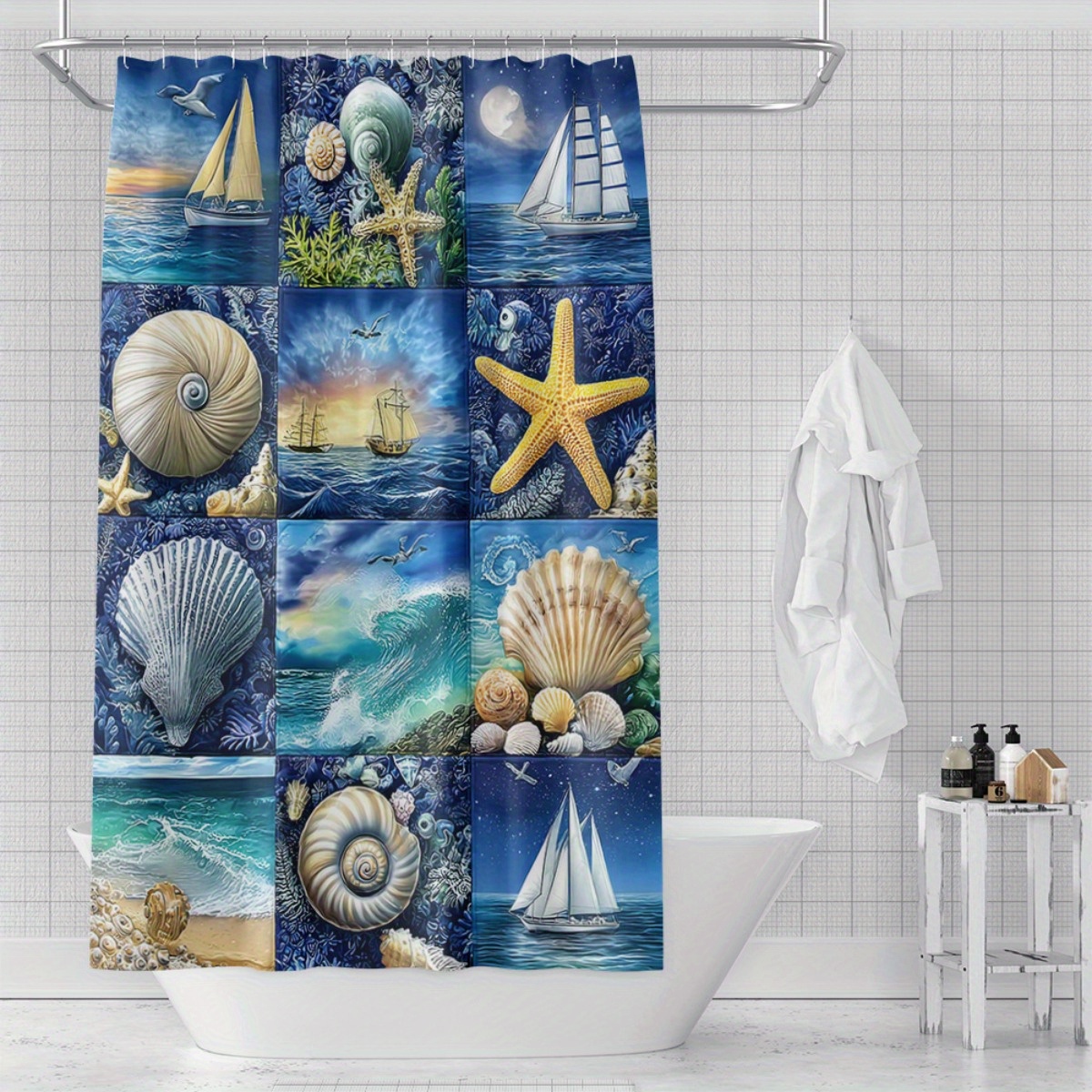 Seashells and Stars Pattern Shower Curtain Set, 4pcs