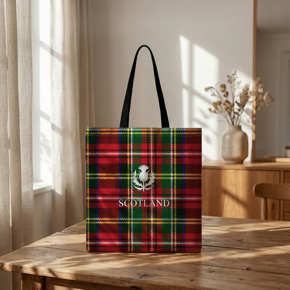TEMU Grocery Bags Suitable For Shopping - Scottish Thistle Plaid Tote With Fixed Shoulder Strap & Open Top, Durable Scottish Print Bag For Women, For