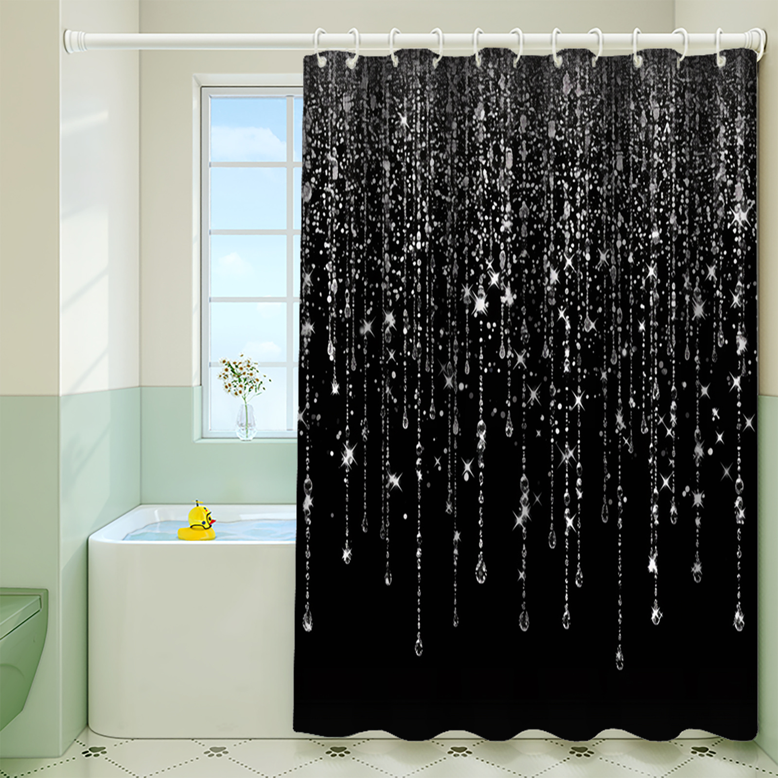 

de Douche Noir Pailleté Argenté avec Crochets, Polyester Imperméable, Idéal pour Salle de Bain, Café, , Cuisine - Disponible en Tailles 31.5x70.8 pouces et 47x70.8 pouces