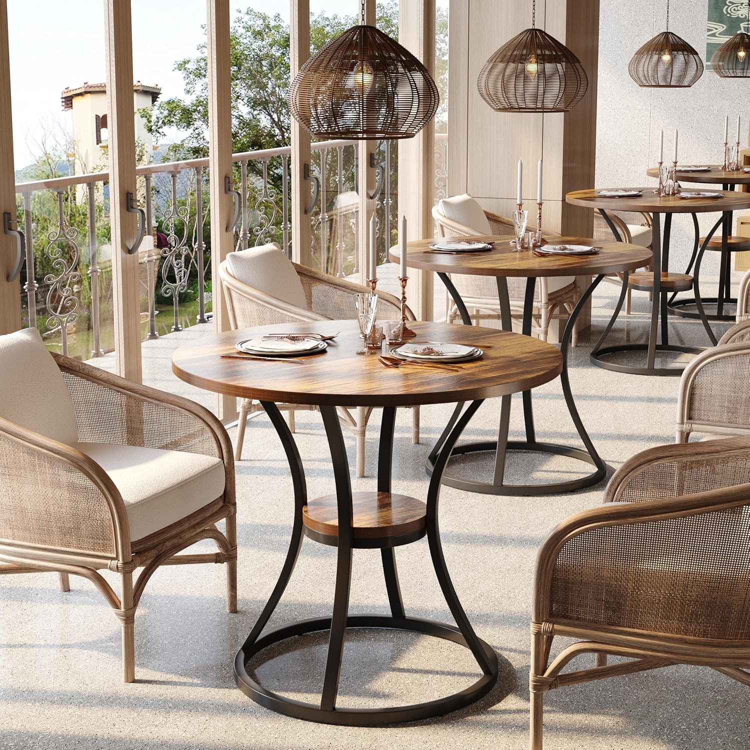 Round Dining -4, " Farmhouse Kitchen Dining Room Table With Storage And Metal Base, Small Wooden Circle Dinner Tables Space Kitchen Tables For Living Room, Rustic Brown