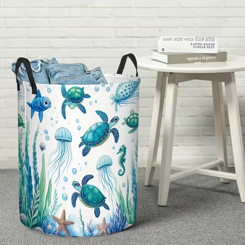 TEMU 1 pz Cesto portabiancheria a tema e medusa blu , cesto per biancheria sporca con di , cesto per riporre oggetti, per camera da letto, bagno,