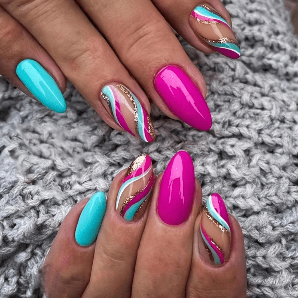 TEMU 48pcs Wavy Glitter Almond Nail Rose Blue Color Changing Curve Wearable Nail Artificial Nail Finished Product
