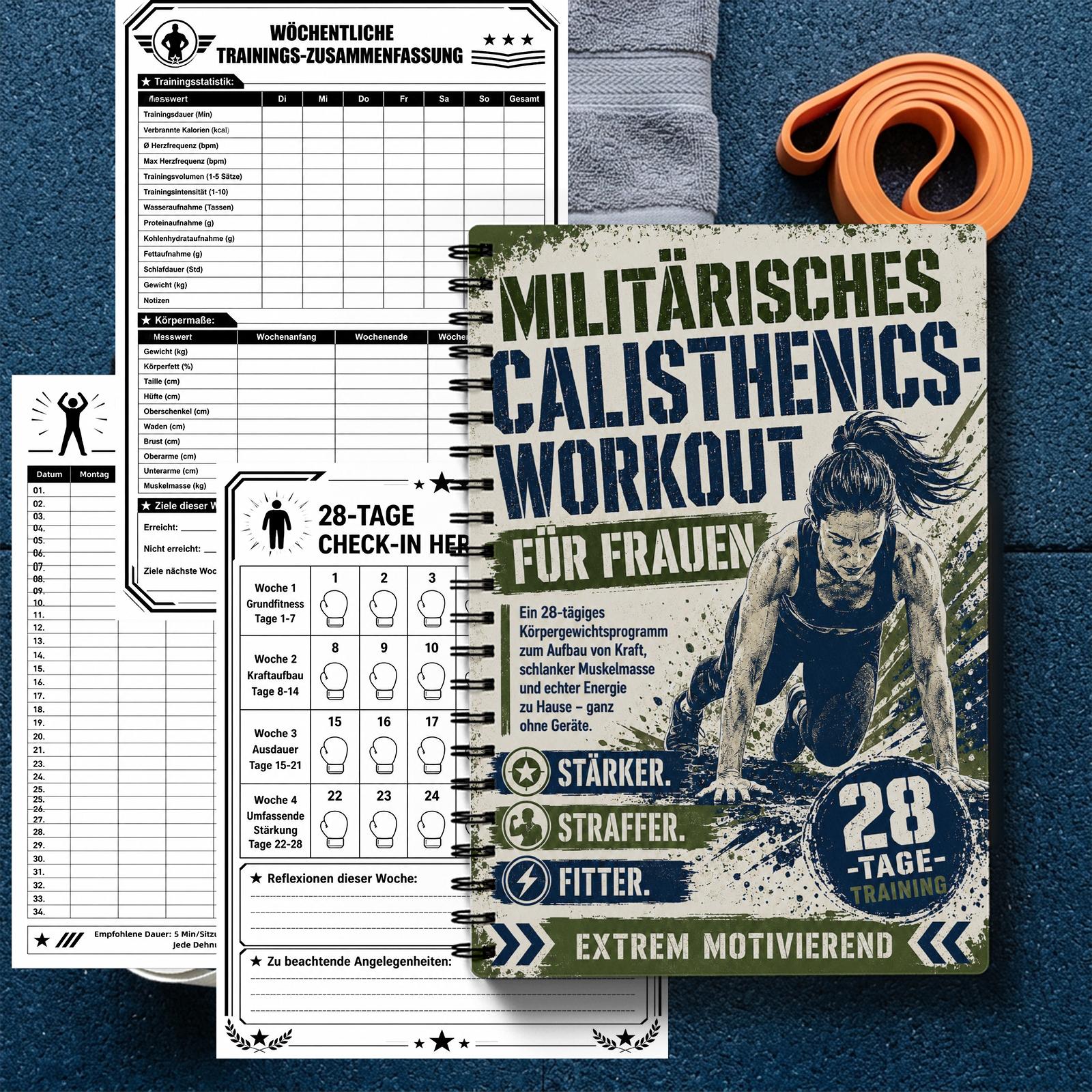 Image of German Version Military-style Calisthenics Planner For Women Over 50, 28-day Bodyweight Fitness Program, No Equipment Workouts, 15, 30 & 45-minute Routines For Beginners To Advanced