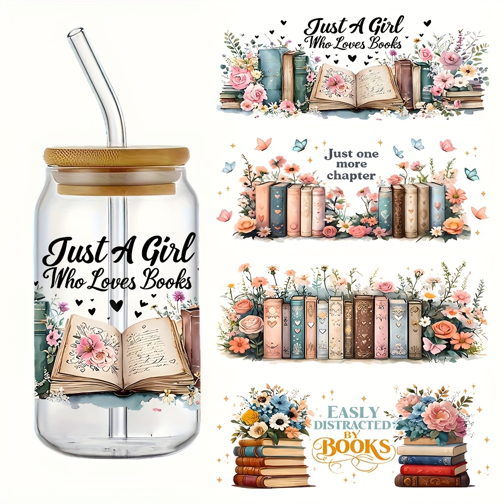 TEMU 4pcs/set Book-themed Design Uv Dtf Cup Wrap Printing Waterproof Self-adhesive, Suitable For Mugs, Water Bottles, And Cups, Dtf Transfer Suitable