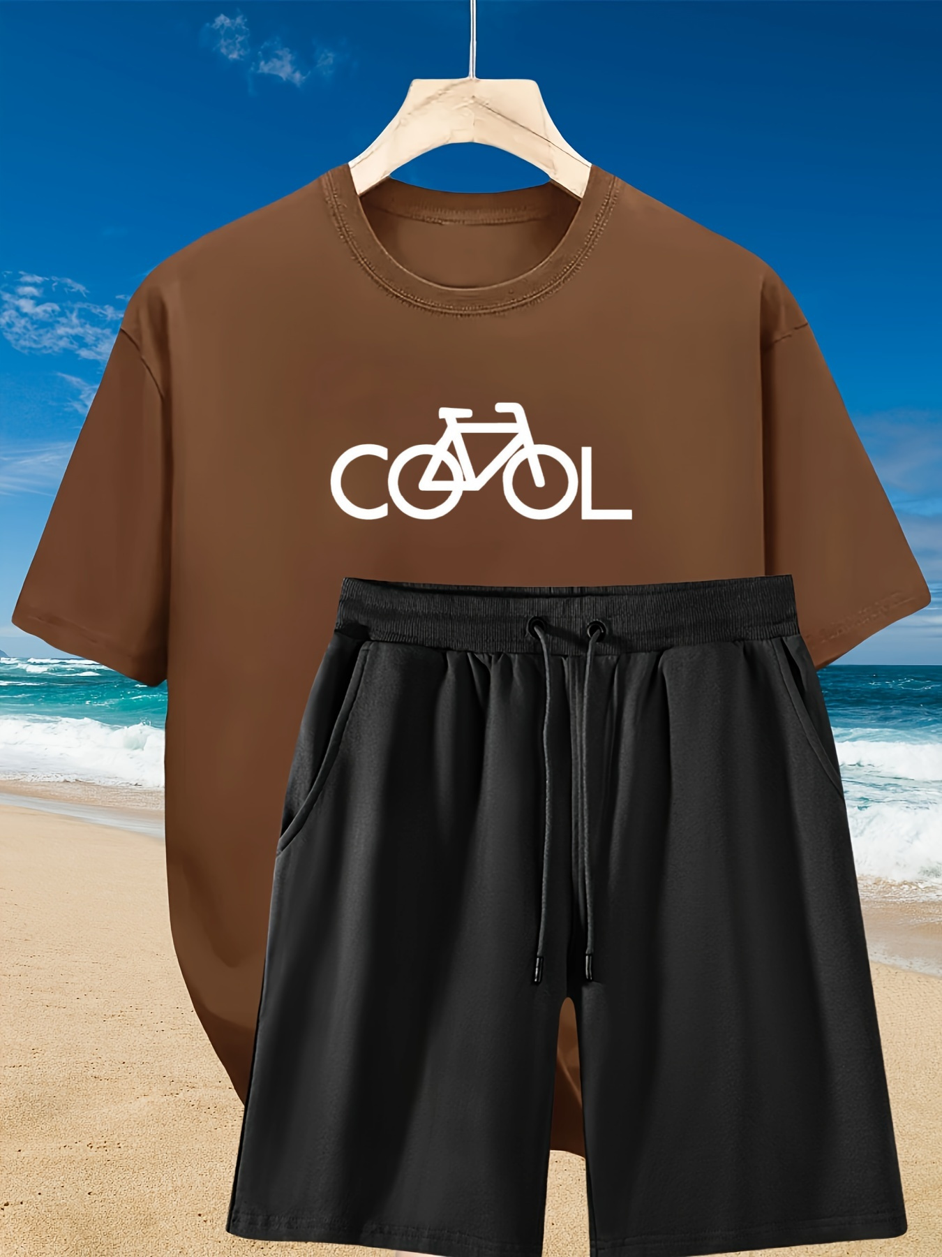 2pcs Men's Summer Casual Outfit: Relaxed Fit Cotton T-Shirt & Drawstring Shorts Set -Bike Printed - Sporty, Comfortable, Beach-Ready, Summer Shorts, for Daily & Weekend Casual Wear