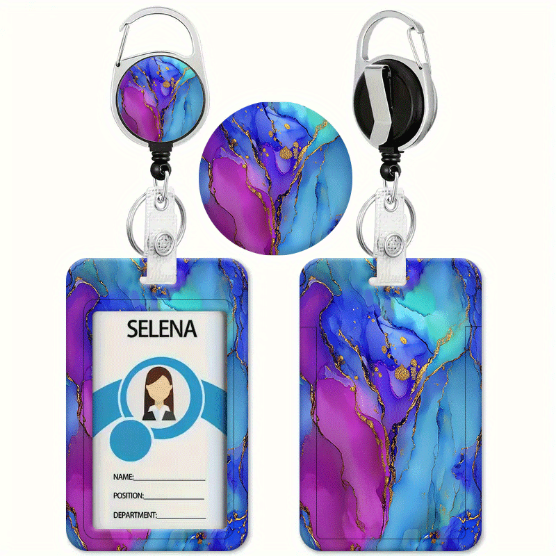 TEMU A Retractable Badge Holder With A Colorful Gradient Blue, Purple, And Pattern, Suitable For Id And Credit Card Storage. This Heavy-duty Lanyard