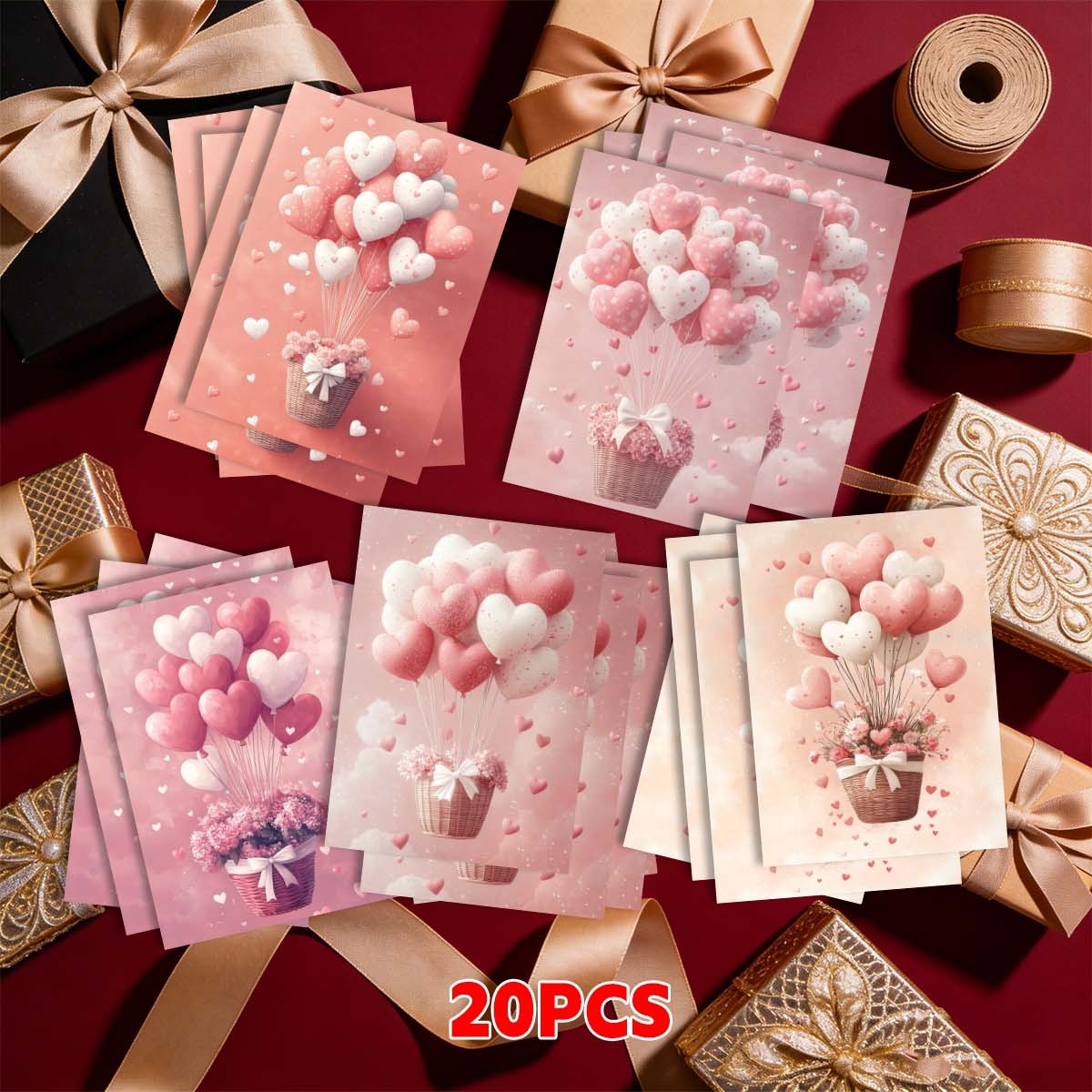TEMU 20pcs Pack Heart Balloon Postcards Suitable For Birthday, Christmas, Mother' Day Cards - Pink Sky Greeting Cards With Heart Balloon For Diy