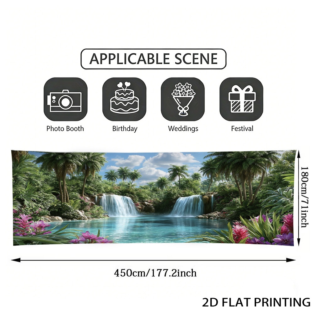 TEMU 1pc 1pcs Tropical Waterfall Banner With Palm Tree & Foliage - Polyester Fiber Suitable For Garage Door, Fence, Balcony, Garden Party Decorations