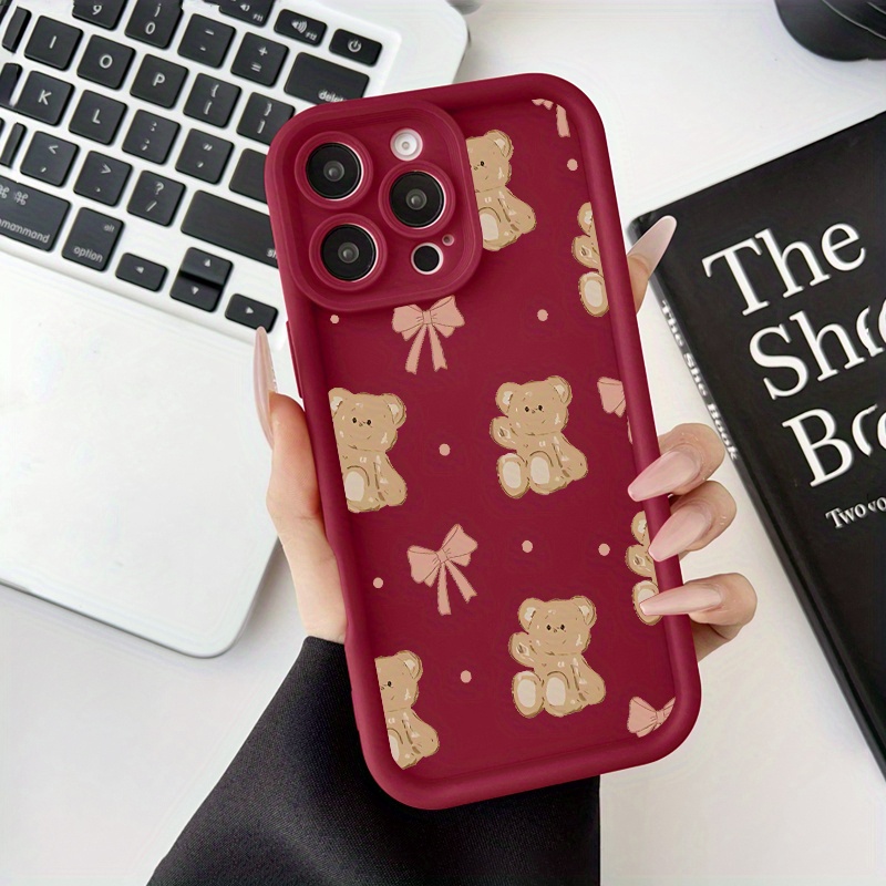 Brown bear bow Pattern Case for iPhone 16 15 14 Pro Max 13 12 11 XR XS Plus Shockproof Drop Protection Rugged Durable Silicone Cover Gifts for women men girls