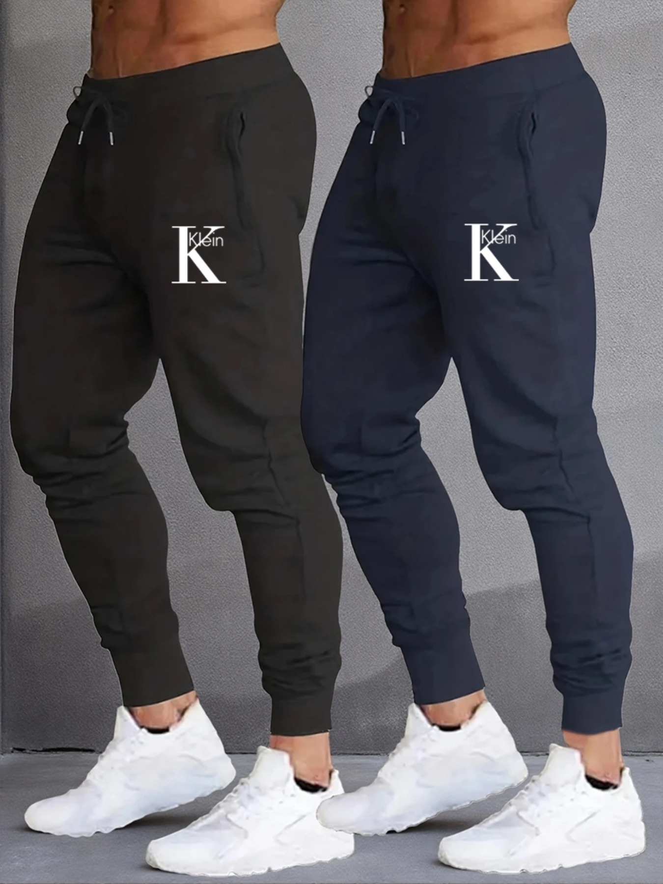 Men's Casual Joggers with Letter klein Print, Two-Pack, 100% Polyester Knit Fabric Elastic Waistband Loose Fit Drawstring + Cuffed Legs, Trendy Sports Pants for All Seasons, Workout Pants, Everyday Pants, Streetwear Fashion, Jogger Style, Lightweight Pants, Breathable Fabric, Printed Joggers, Twopack Pants, Men's Fashion, Urban Style