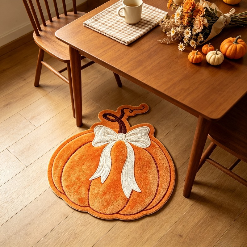 TEMU 1pc Plush Imitation Cashmere Rug Suitable For French Country Style, Non-slip Machine Washable With White Bow & Irregular Pumpkin Shape, Soft