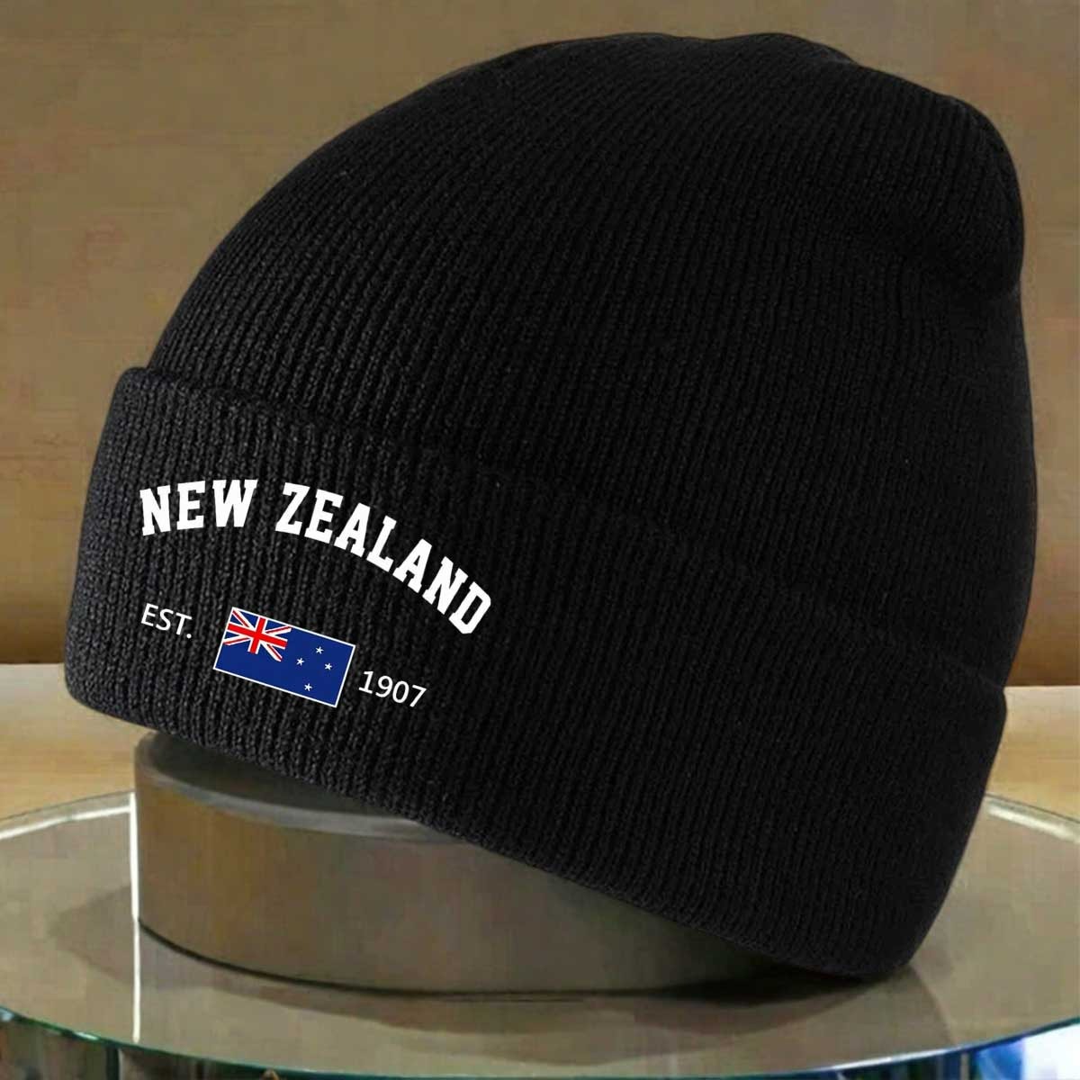 TEMU 1pc New Zealand Flag Print Acrylic Knit Beanie Hat - Windproof Warm Winter Hat Suitable For Skiing, Cold Weather, Unisex For , Machine Washable