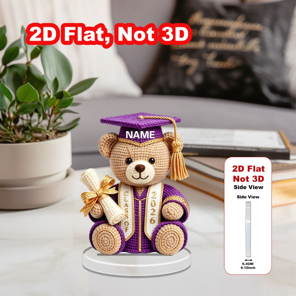 TEMU 2d Flat, Custom Name 2026 Graduating Class Bear-shaped Acrylic Desktop Ornament, Crochet Style Teddy Bear With Diploma, Multicolor Graduation