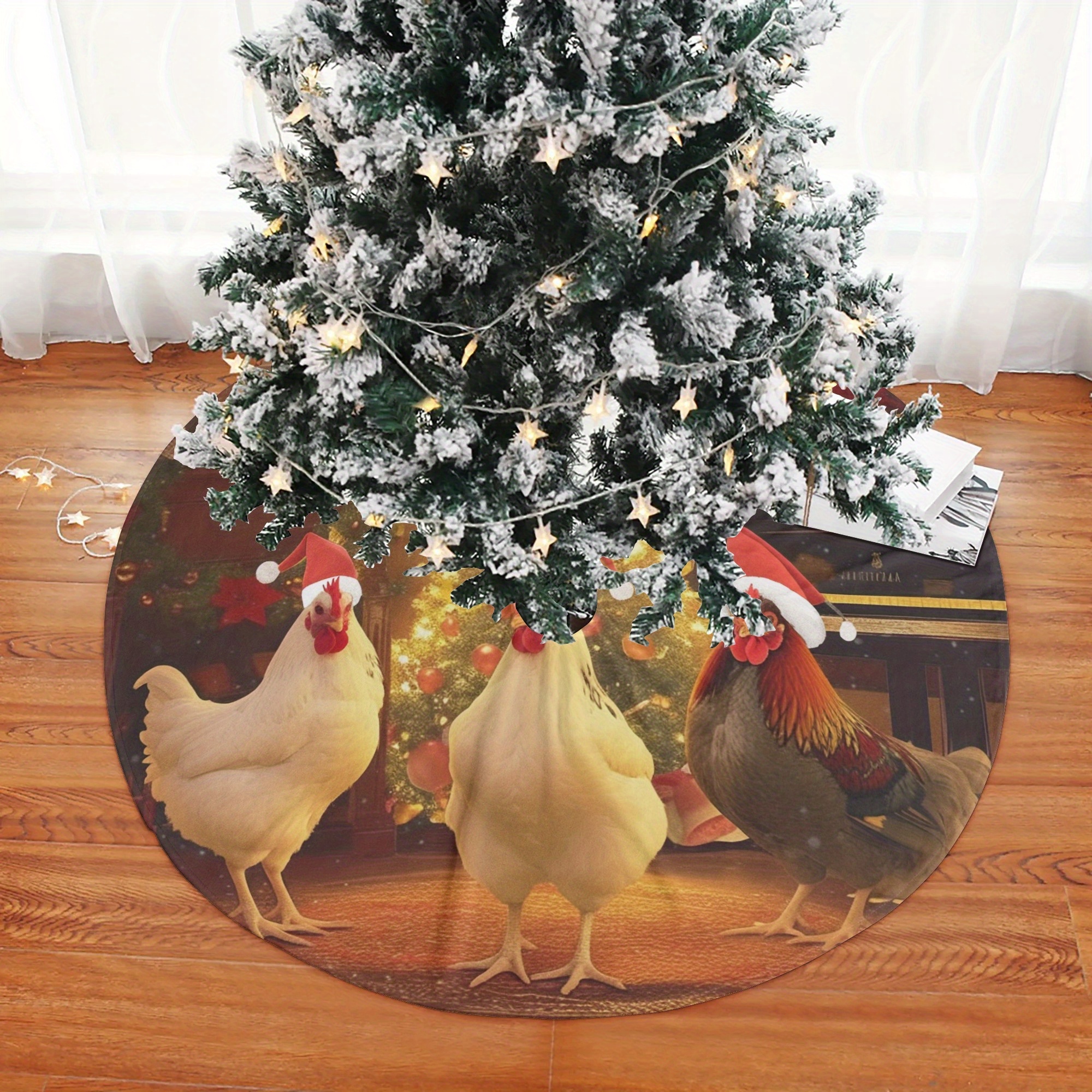 

Holiday Rooster Christmas Tree Skirt, 48-inch Polyester Tree Mat With White And , Festive Cover Decoration For Decor - Hand Washable