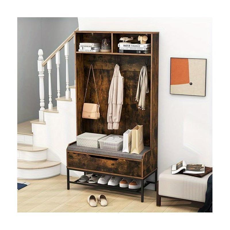 Coat Rack With Padded Shoe Bench, Entrance Cabinet 170 Cm, 3 Double Hooks, 2 Compartments, Metal Frame, Anti-tip Kit, Clothes Rack For Living Room