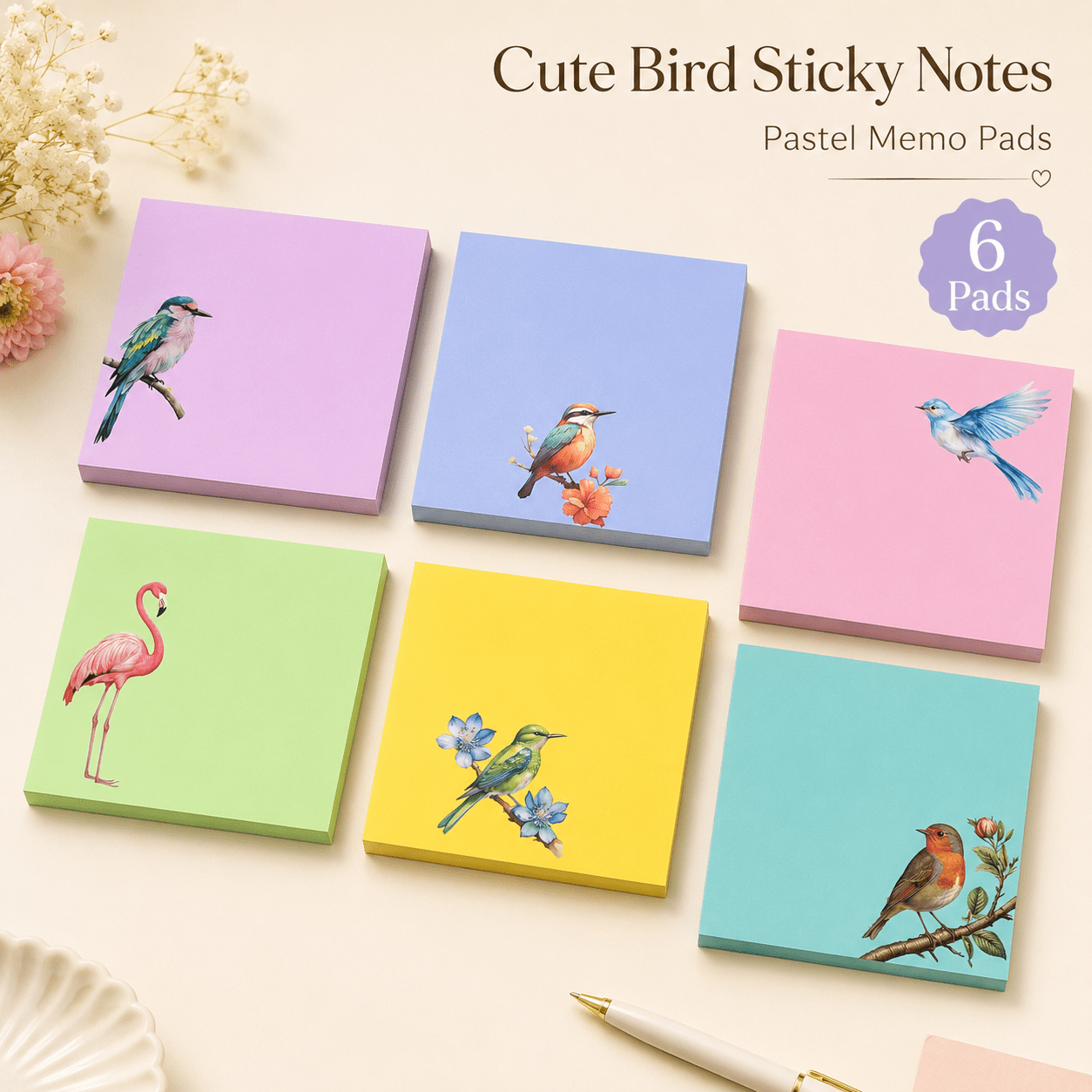 TEMU 6 Pads Cute Bird Sticky Notes Suitable For Notes, Reminders, Journaling - Pastel Self-stick Memo Pads With 6 Bird Designs, Colorful Notepads For