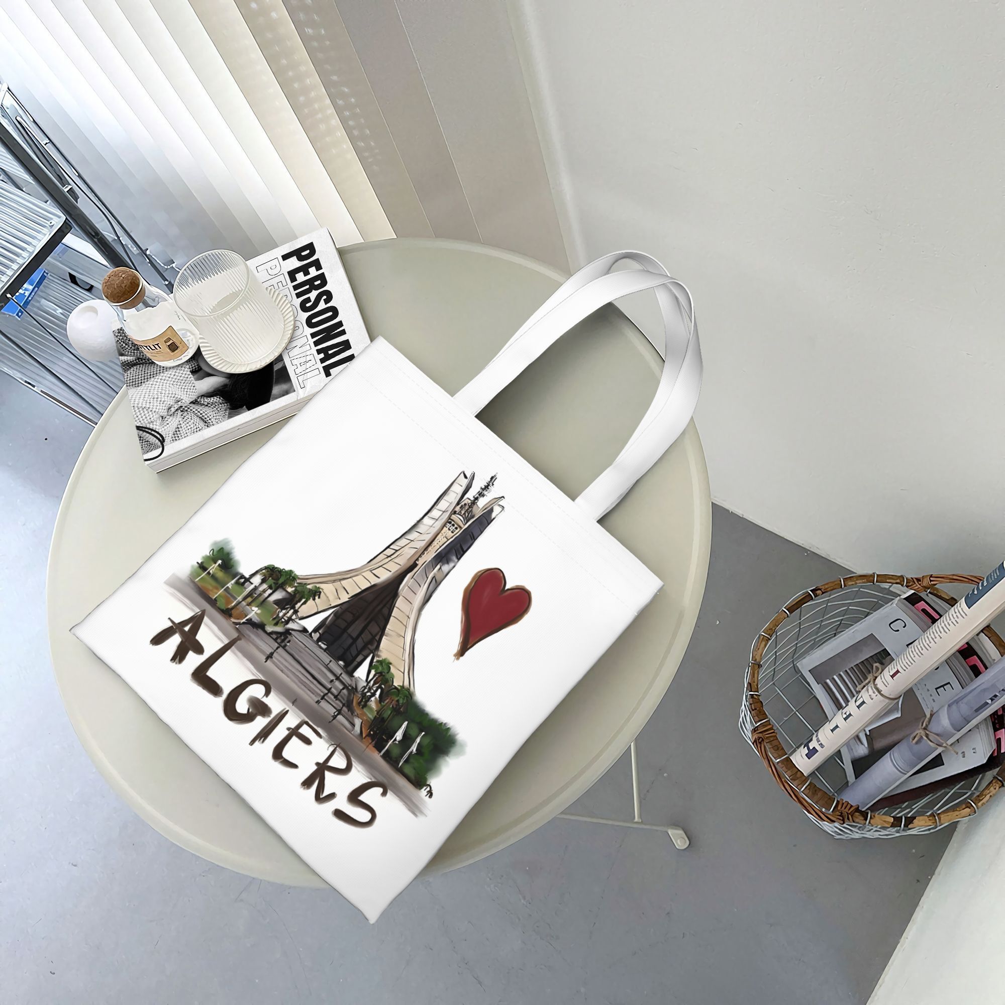 TEMU 1 sac fourre-tout pour femme avec impression plate 2D, représentant un algérien - Sac de courses léger et réutilisable avec motif de cœur rouge,
