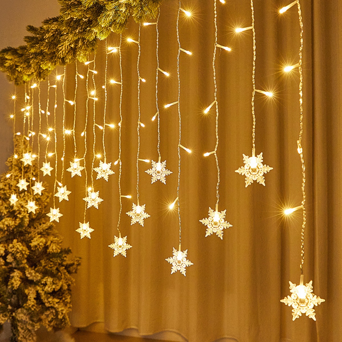 TEMU Led Snowflake Curtain Lights, Hanging, 11ft, 96 Leds, Popsicle String Lights, Ambient Lighting For Christmas, New Year, Thanksgiving, Halloween,