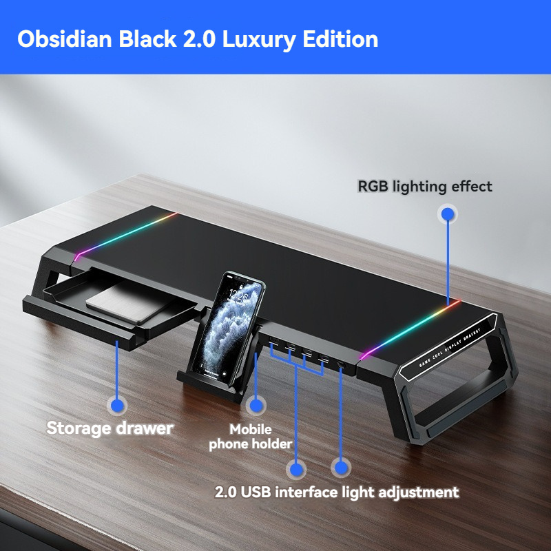 Ergonomic Monitor Stand with RGB Lighting, 4 USB Ports & Storage Compartment – Adjustable Height up to 80mm, Foldable Design for PC, Laptop, Desktop, and Mobile Devices, Device Accessory | Nonslip Features, Monitor Stand for Desk