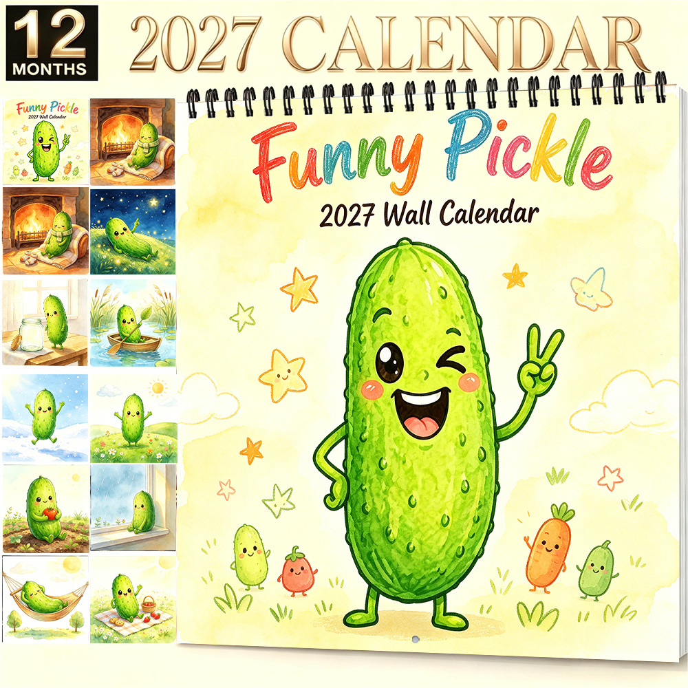 TEMU Calendrier mural 2027 8.3 X 8.3 pouces, calendrier mensuel sur le thème amusant des cornichons, calendrier avec illustrations de nourriture de