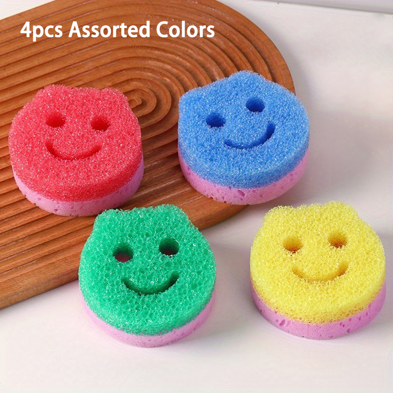 TEMU 4pcs Assorted Colors Temperature-sensitive Double-sided Dishwashing Sponge Pads, 4pcs Per Pack