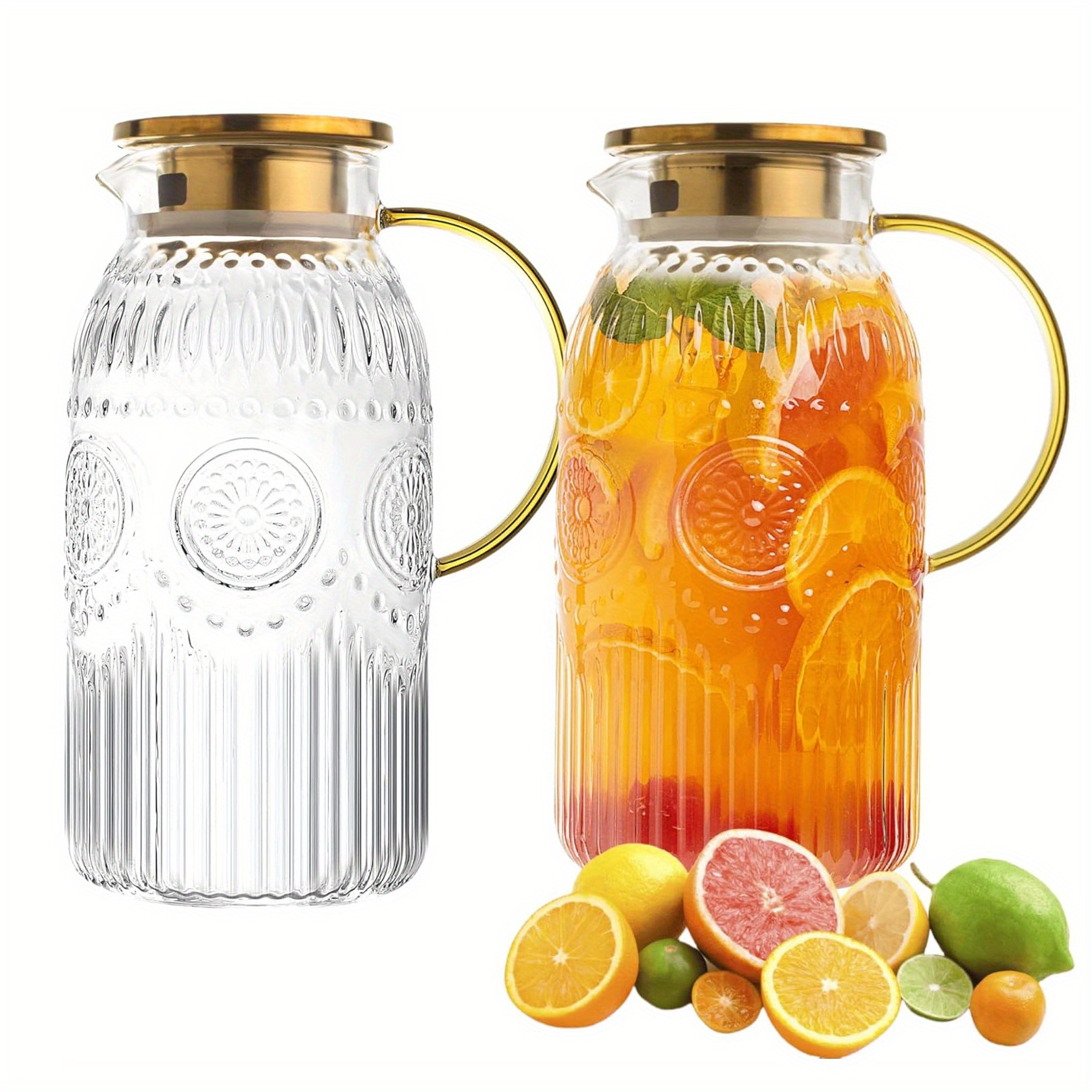 TEMU Bandesun 1/ 2pcs Glass Pitcher With Lid, 68oz/ 2 Liter Vintage Water Pitcher, Glass Water Carafe For Cold Brew, Coffee, Lemonade, Iced Tea,