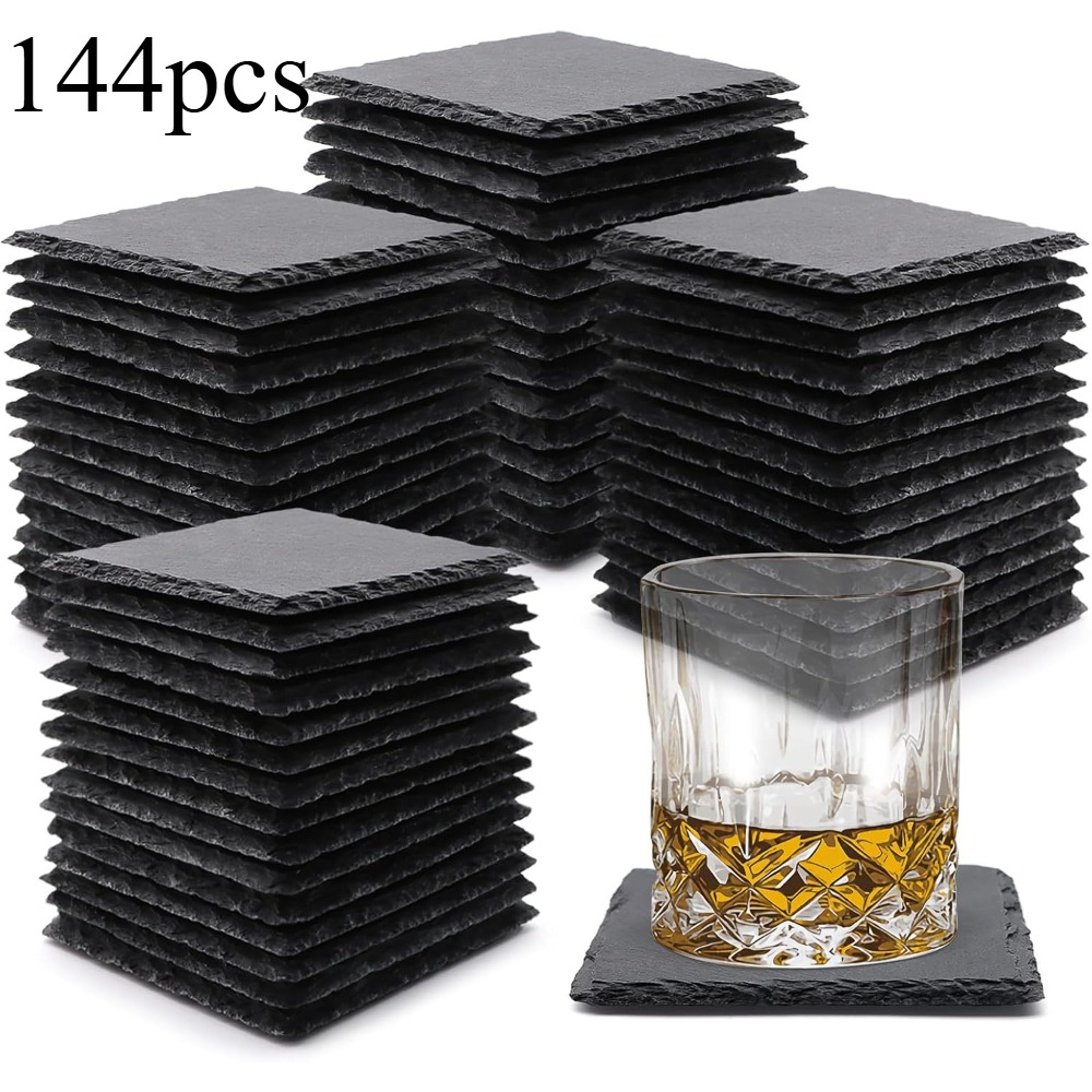 Dofiki Slate Coasters 144pcs, Square Or Round 10x10cm Black Stone Coaster Set, Slate Coasters With Scratch-resistant Bottom, Laser Engravable, For Coffee, Bar, Kitchen, Home Decoration