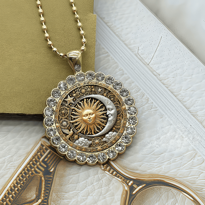 Image of Mysterious Vintage Golden Geometric Sun And Moon Pendant Necklace For Women, Wear For Daily, Party, Occasions, Exquisite Details, Fashion Accessory, Statement Piece, Ideal Gift