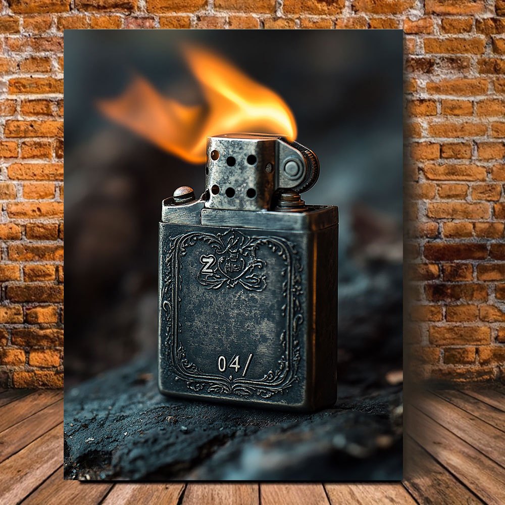 

Art sur Toile de Briquet Zippo Vintage - Décoration Murale à Cadre en Bois avec "04" Gravé & Flammes, pour , de Bain ou , Idéal pour la Décoration de Chambre