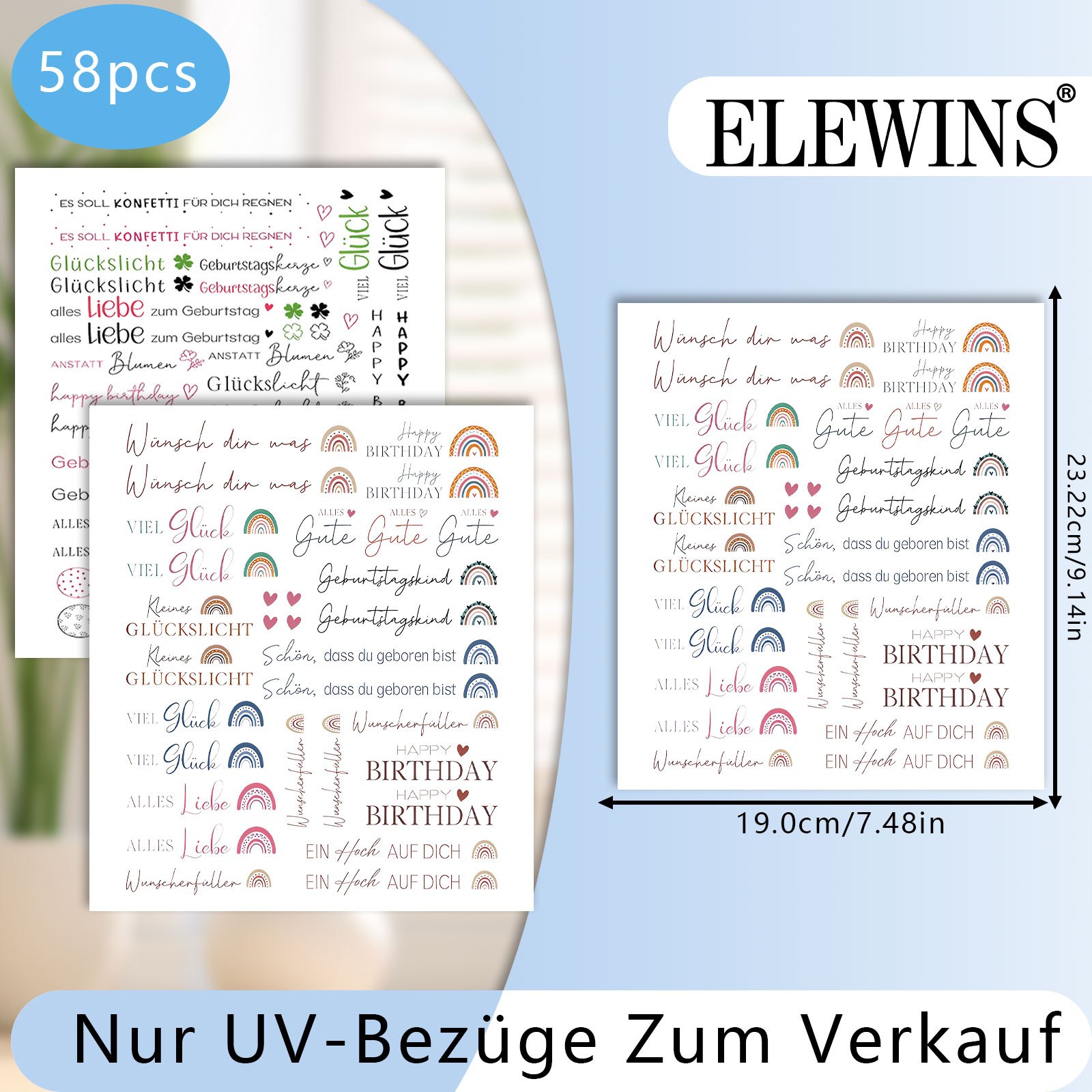 E-shop 58-teiliges UV DTF-Transfer-Set mit "Happy Birthday"-Motiven im deutschen Stil, Kerzen, Anwenden-auf-Transfer-Set, Becher-Set, geeignet für