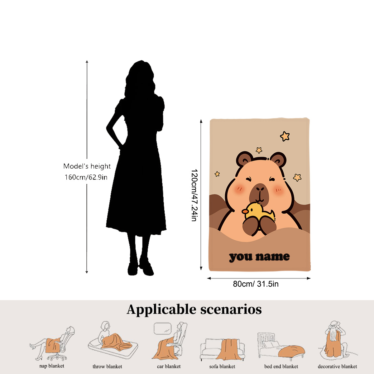 TEMU 2d Printing 1pc Personalized Name Custom Cute Capybara Holding Duck Flannel Blanket, Custom Blanket With Picture Soft And Comfortable Shawl