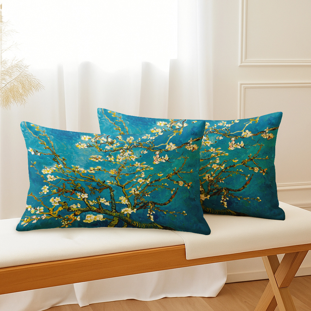 TEMU Lot de 2 housses de coussin décoratives de style , motif "Fleurs d' bleues" de Van Gogh, tissu en , 12x20 pouces, fermeture à glissière,