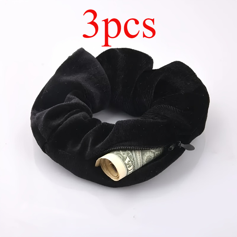 

3-pack Velour Scrunchies With Secret Zipper Pocket, Hair Ties, Multipurpose Hairband Storage Bag For Teens And Adults