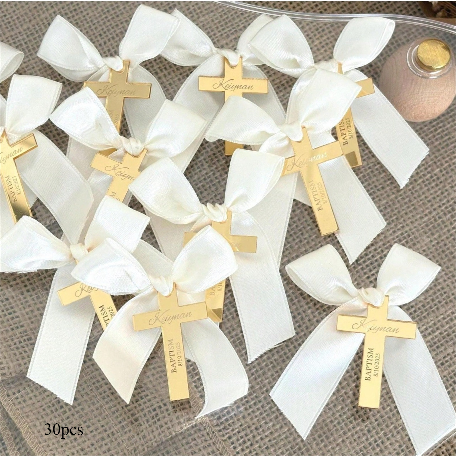 Image of Personalized Golden Acrylic Mirror Cross Favor Tags | Versatile For Baptism, Wedding, Ramadan, , Valentine's Day, Baby Shower, Confirmation, First Communion, Bows & Ribbons&halloween, School Christmas