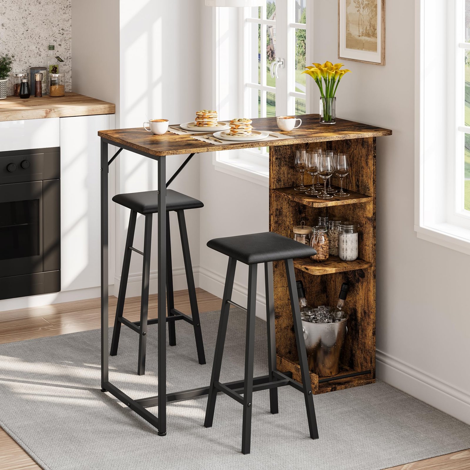3pcs Bar Table And Chairs Set With Storage Shelf, High Top Pub Table And Stools Set For 2, Sturdy Metal Frame Counter Height Dining Set For Room Small Space, Retro/ Black