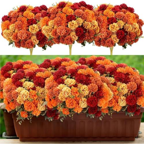 item picture 24 flowers 4pcs fall artificial flowers for outdoor faux burnt orange assorted mums chrysanthemums bouquet fall marigold for vase table floral arrangement for wedding autumn home decor