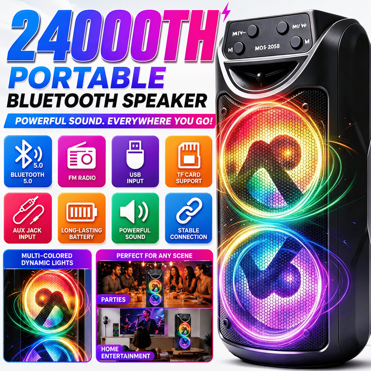 24000th Portable Wireless Speaker With Rgb Lights, Wireless With Wireless 5.3, Usb, Tf Card, Fm Radio, Aux Input, And Colorful Led Lighting For Home Outdoor Entertainment For