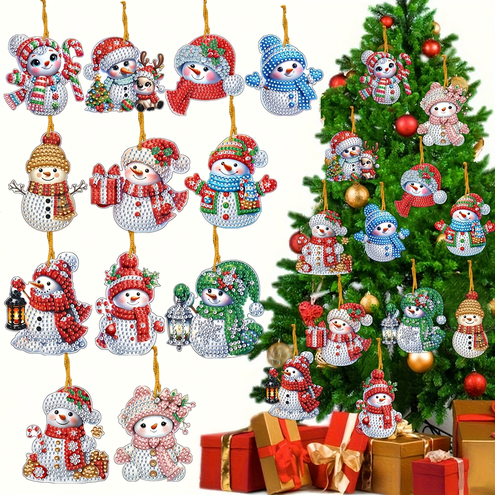 Image of 12pcs Diamond Painting Kits, Christmas Cartoon Snowman Style, Free Yellow Rope Handmade Inlaid Jewelry Number Diamond Painting, Christmas Handmade Decoration, Suitable For Christmas Tree Decoration