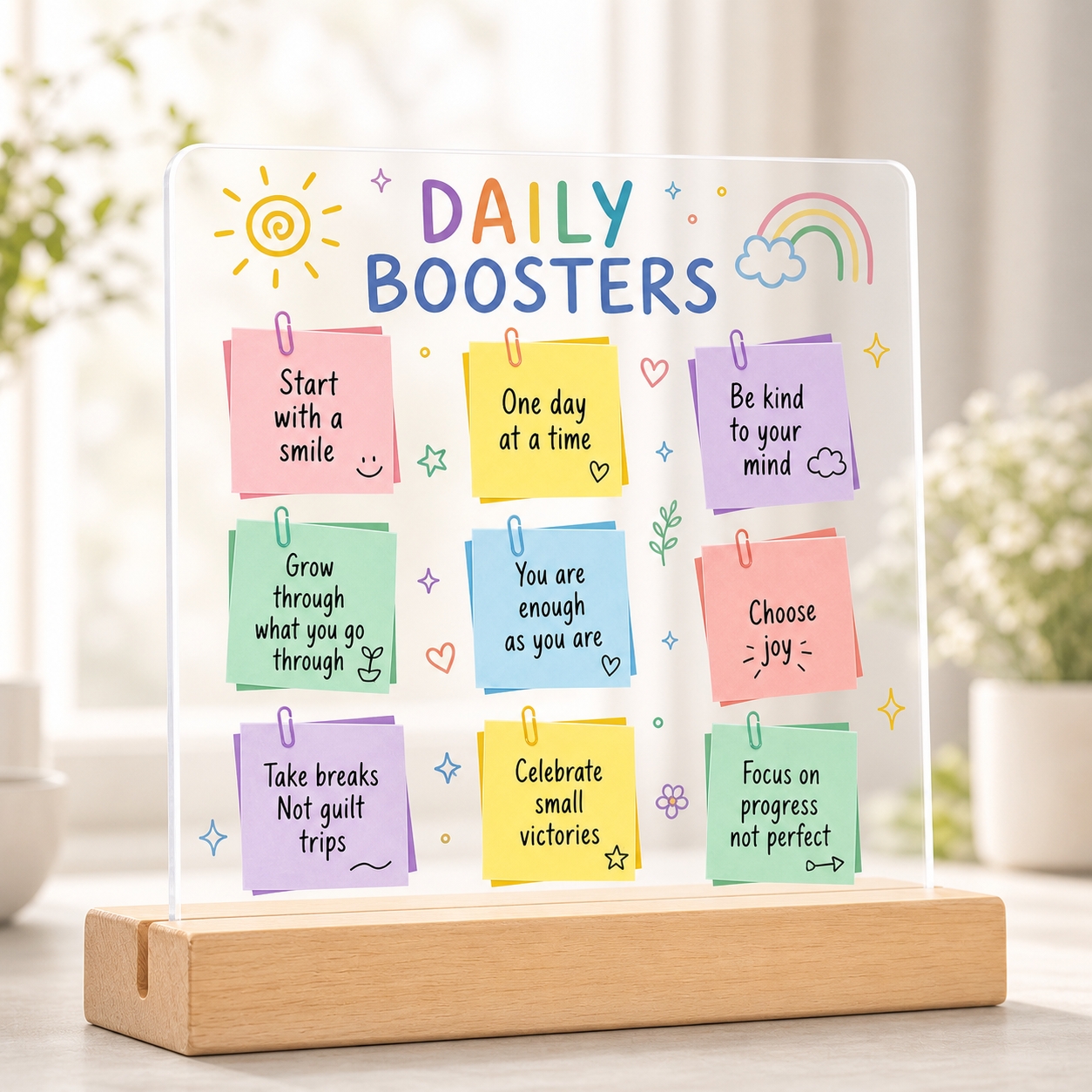 TEMU 2d Flat, Acrylic Decorative Display Stand With Solid Wood Base, Sticky Note-style Colorful Motivational Quote Desktop Ornament, Fresh And