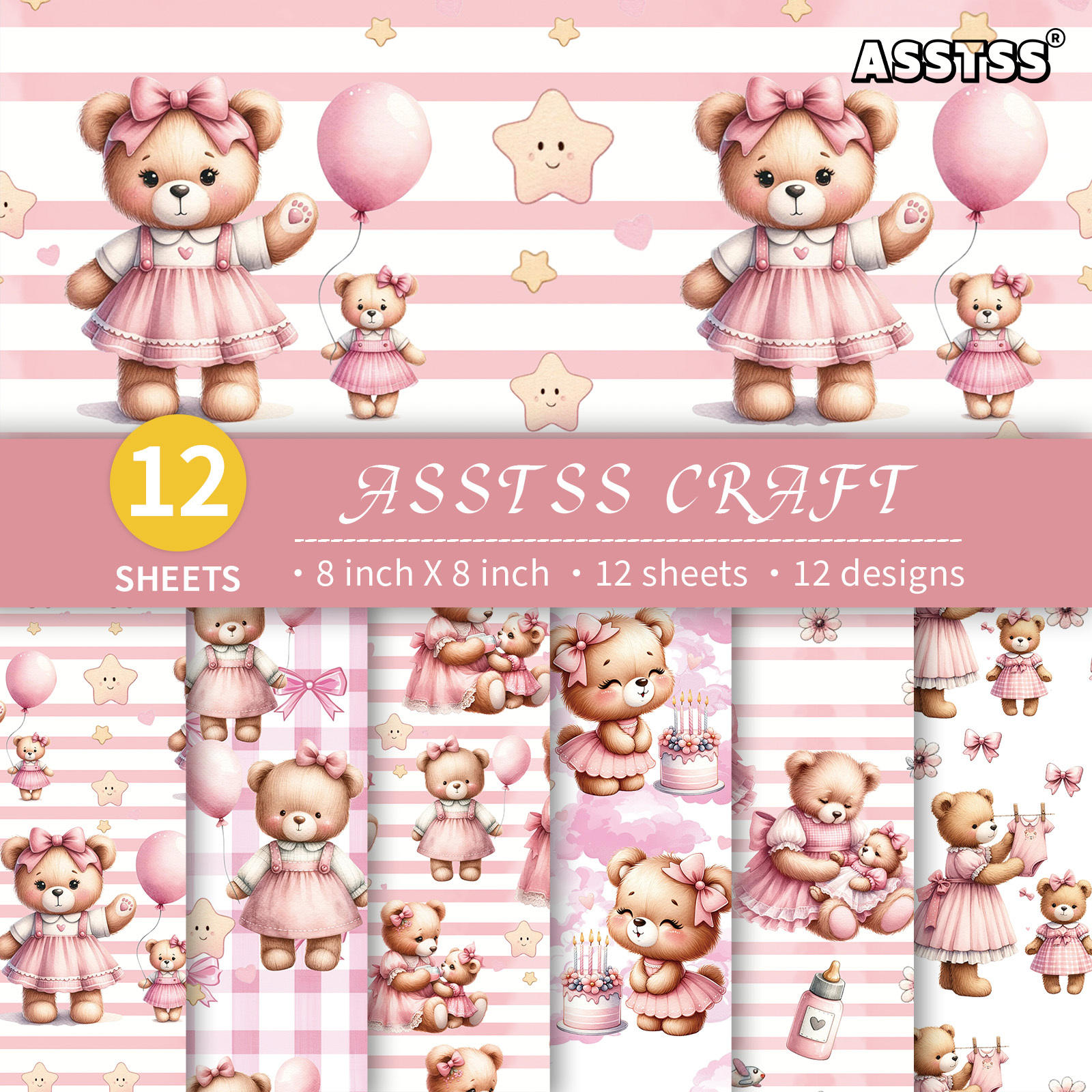 TEMU Bloc de papier de scrapbooking ASSTSS 12 feuilles 8*8 pouces, fournitures de papier de support style bébé en peluche rose pour des Mères, papier