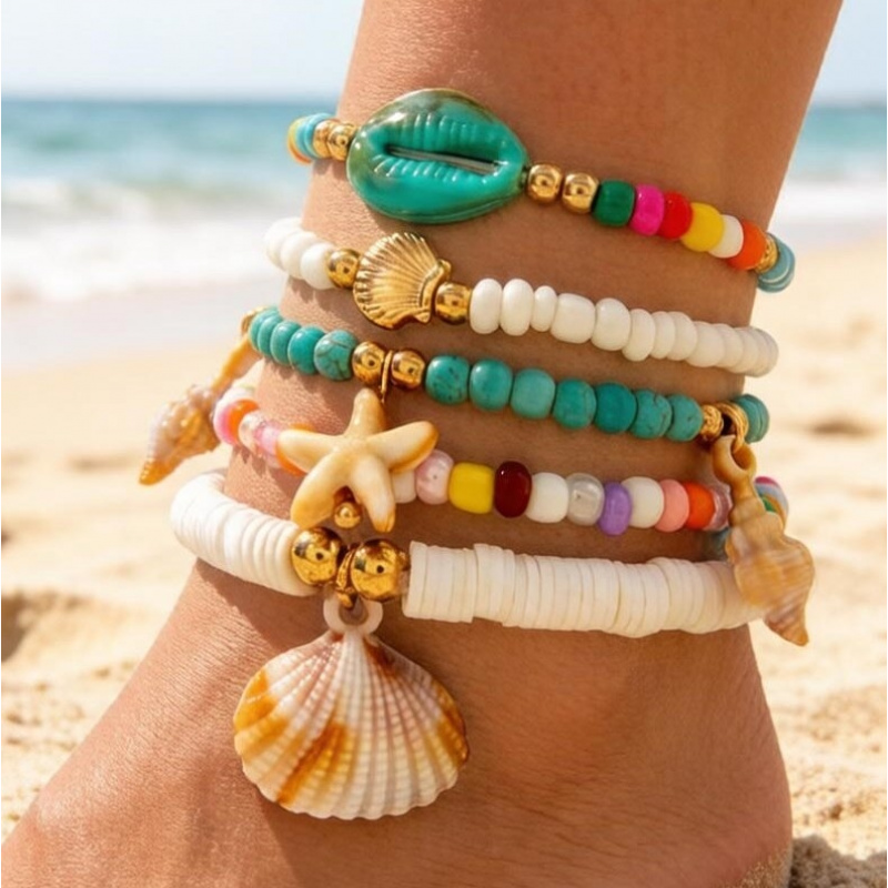 TEMU 5 Bohemian Acrylic Shell Multi Layer Foot Chains Brown And Star Conch Colorful Rice Beads Stacked Foot Accessories Suitable For Women's Vacation
