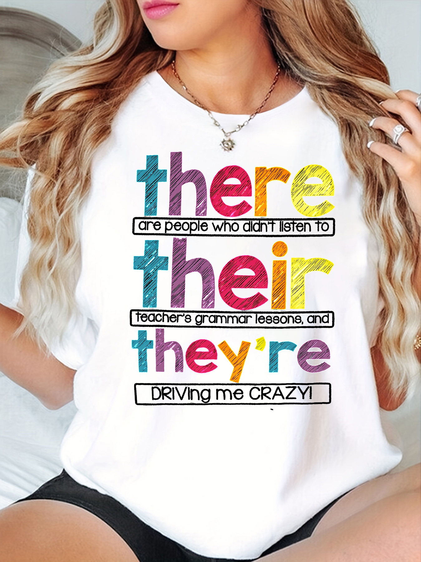 womens humorous teacher grammar graphic t shirt driving me crazy print short sleeve black white casual spring summer   polyester machine washable teacher shirts white 0