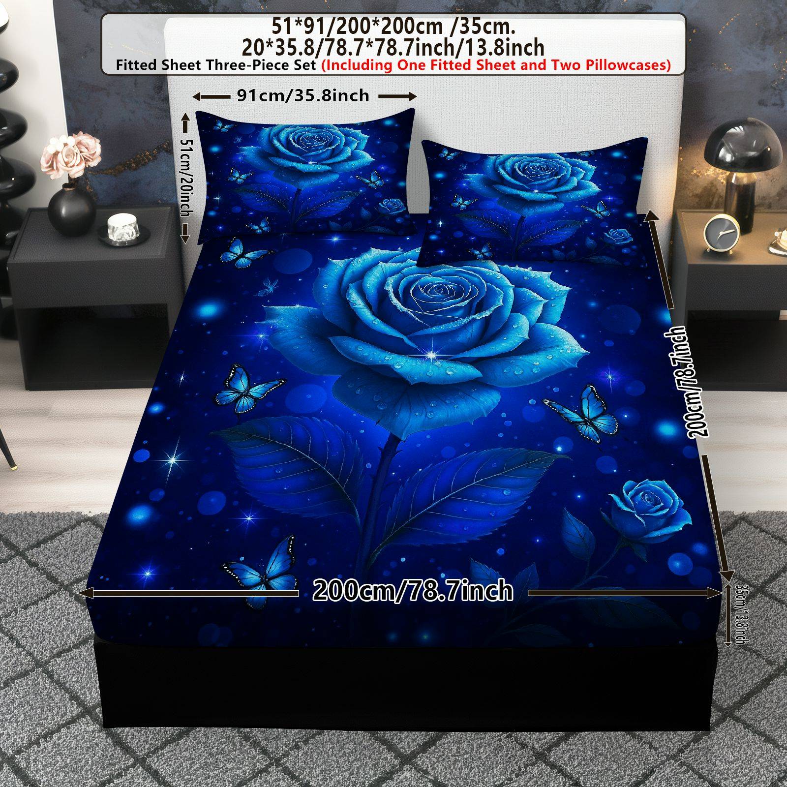TEMU 3pcs Blue Rose Starry Fitted Sheet 3 Piece Set (1*fitted Sheet 2*pillowcases, ), Valentine' S Day Theme, Luxury Bedding Set, Mattress Protector